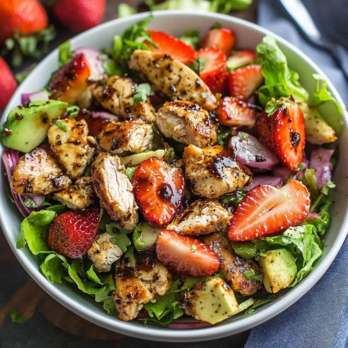 Balsamic strawberry chicken salad with fresh greens, sliced strawberries, avocado and walnuts on white plate