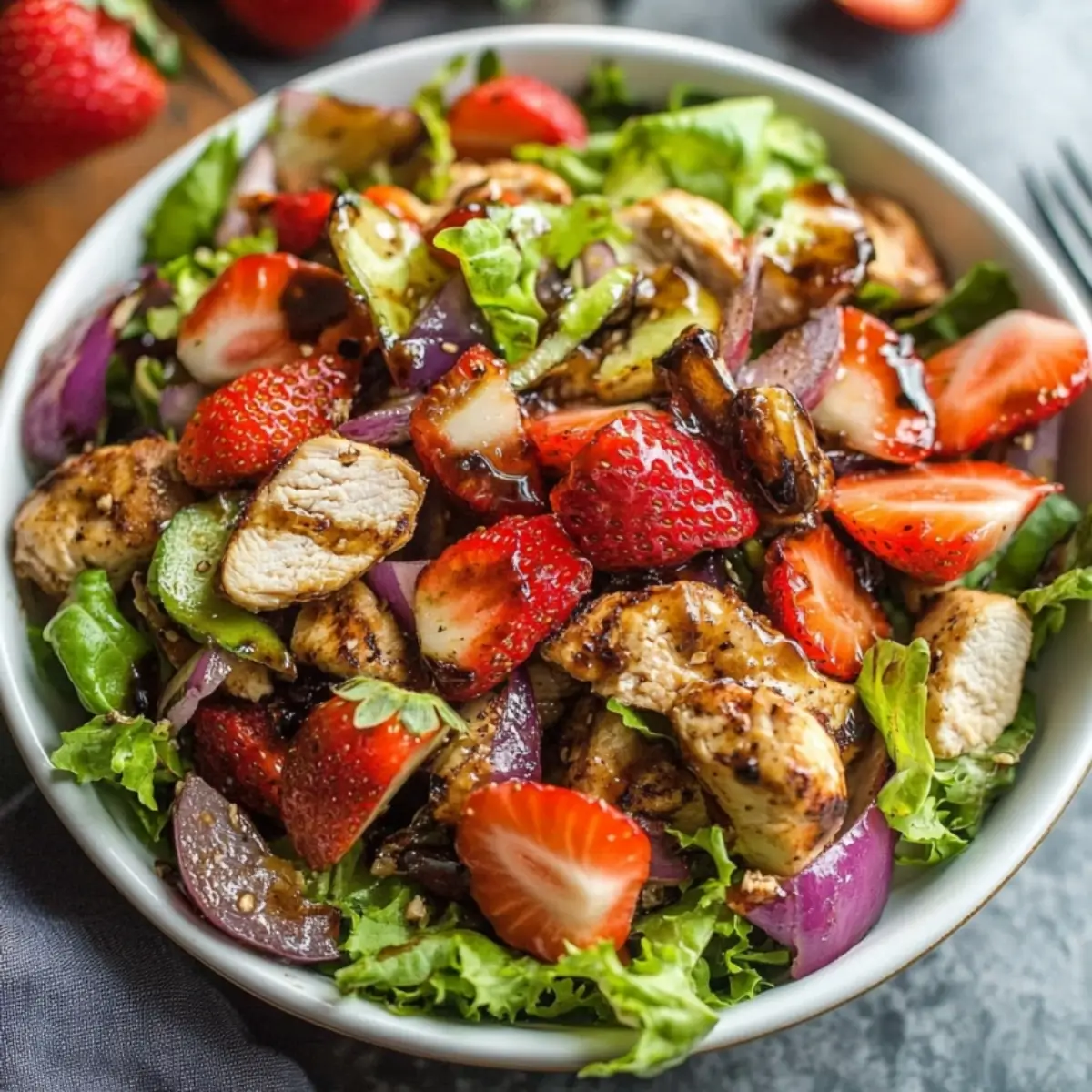 Balsamic strawberry chicken salad ingredients laid out including chicken, strawberries, greens, avocado, walnuts