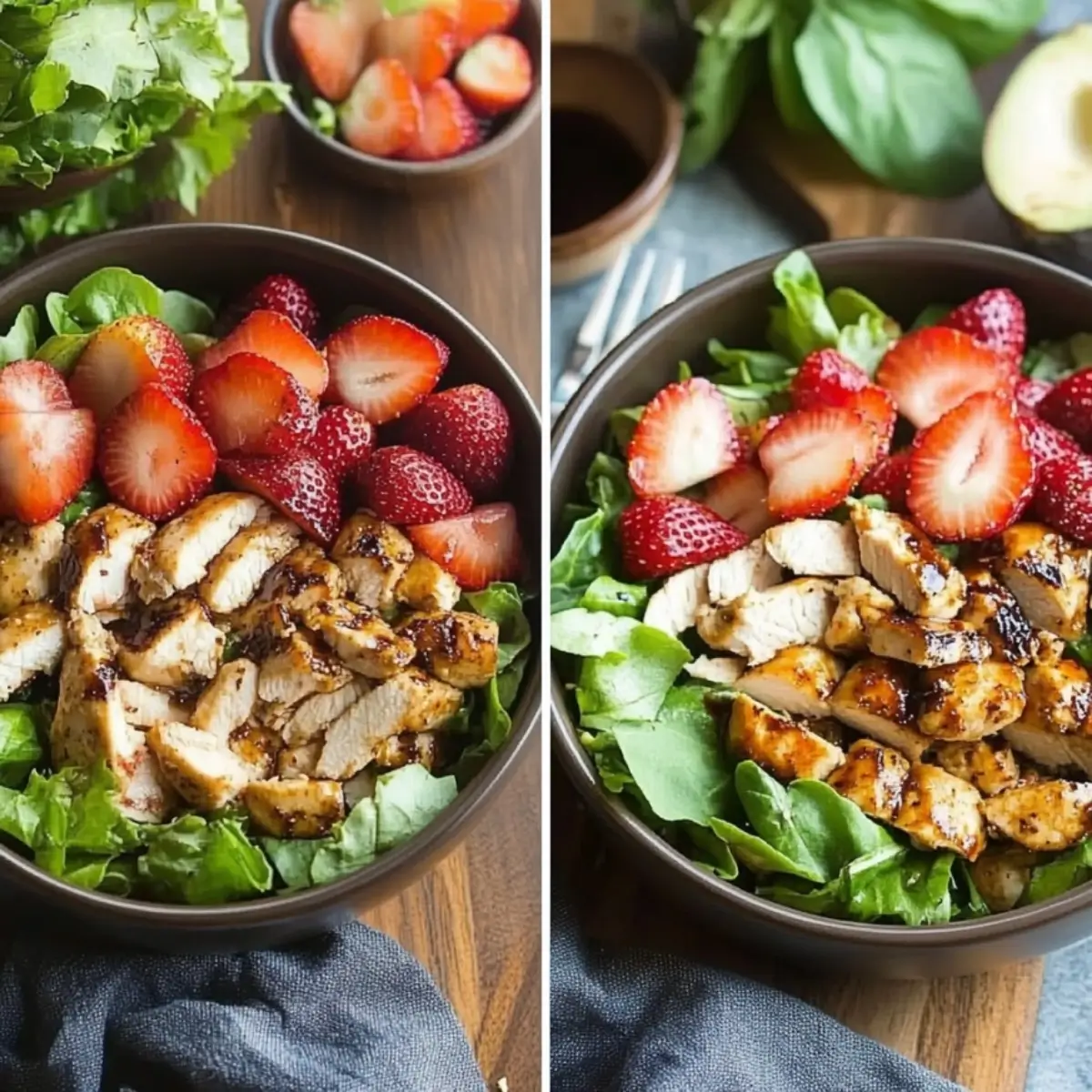 Chicken cooking in balsamic vinaigrette creating glazed coating for strawberry chicken salad