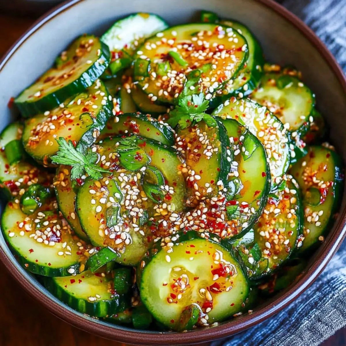 Korean cucumber salad recipe served with sesame seeds and chili flakes