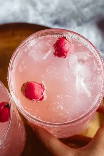 Hands preparing Lychee Rose Mocktail by straining lychee mixture into glass pitcher with rose water nearby