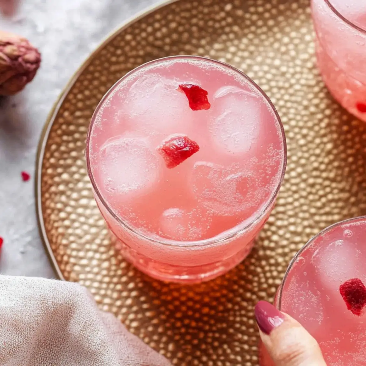 Beautiful pink Lychee Rose Mocktail in elegant glass with fresh lychee garnish and rose petals on marble background