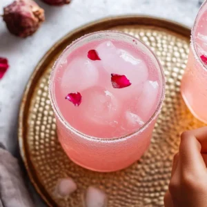 Two glasses of pink Lychee Rose Mocktail garnished with mint sprigs and edible rose petals on elegant table setting