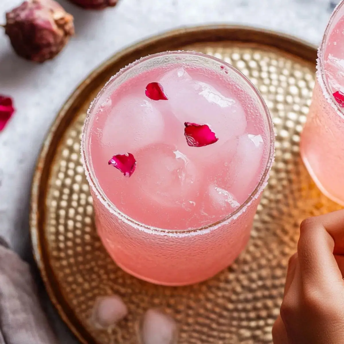 Two glasses of pink Lychee Rose Mocktail garnished with mint sprigs and edible rose petals on elegant table setting