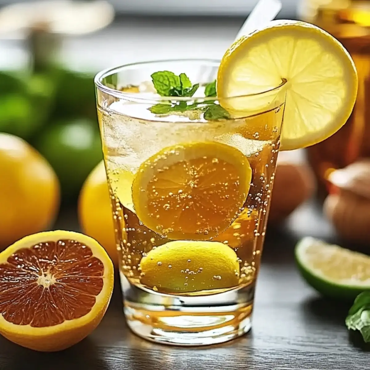 Glass of natural Mounjaro recipe drink with lemon slices and fresh ginger on rustic kitchen counter