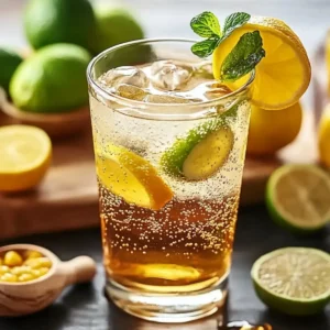 Natural Mounjaro recipe ingredients - apple cider vinegar, fresh lemon, ginger and honey arranged on wooden cutting board