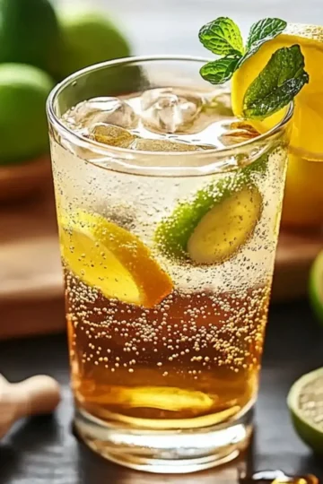 Natural Mounjaro recipe ingredients - apple cider vinegar, fresh lemon, ginger and honey arranged on wooden cutting board