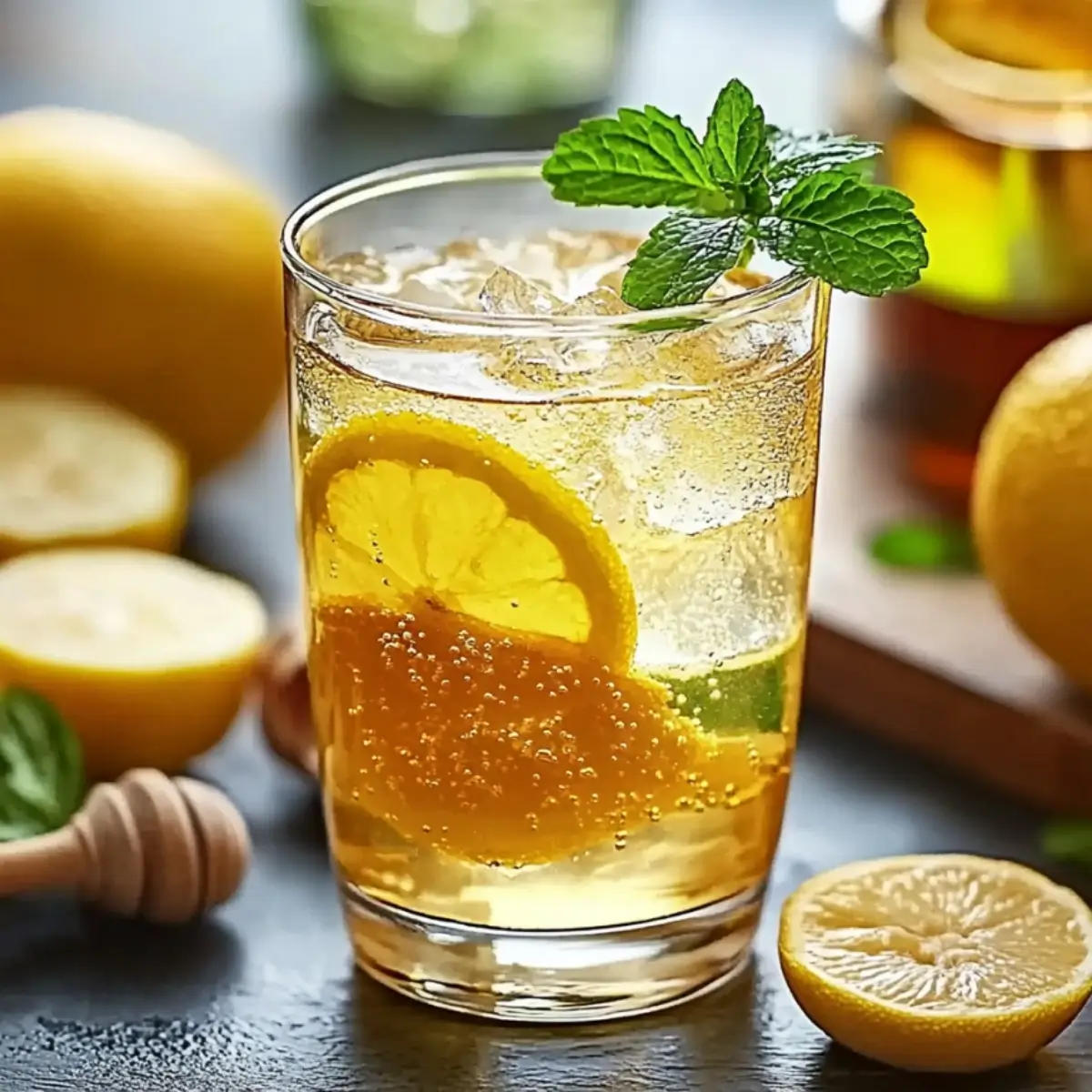 Finished natural Mounjaro recipe in clear glass mug with steam rising, surrounded by fresh ingredients on marble surface