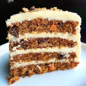 Slice of moist Divorce Carrot Cake with cream cheese frosting on white plate showing honey-sweetened texture