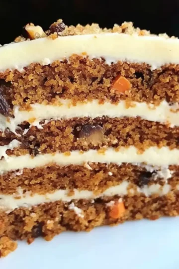 Slice of moist Divorce Carrot Cake with cream cheese frosting on white plate showing honey-sweetened texture
