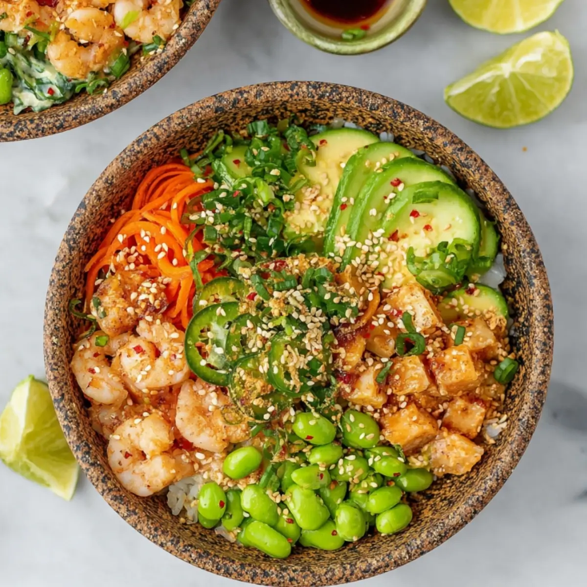 Overhead view of shrimp poke bowl showing perfectly arranged fresh vegetables, cooked shrimp, and sushi rice with sesame seeds
