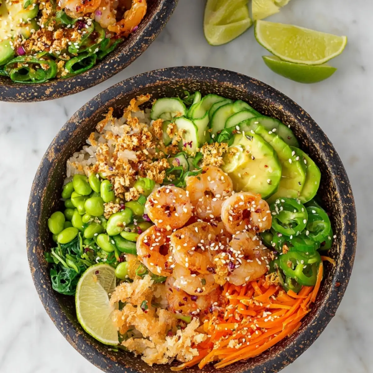 Two shrimp poke bowls on a wooden table with chopsticks, showing customizable toppings and colorful presentation