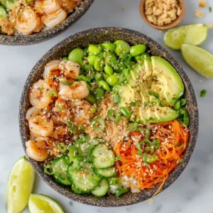 Colorful shrimp poke bowl with seasoned shrimp, avocado, cucumber, edamame, and spicy mayo served in a white bowl