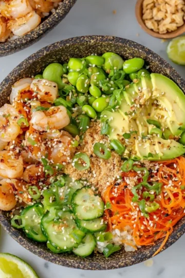 Colorful shrimp poke bowl with seasoned shrimp, avocado, cucumber, edamame, and spicy mayo served in a white bowl