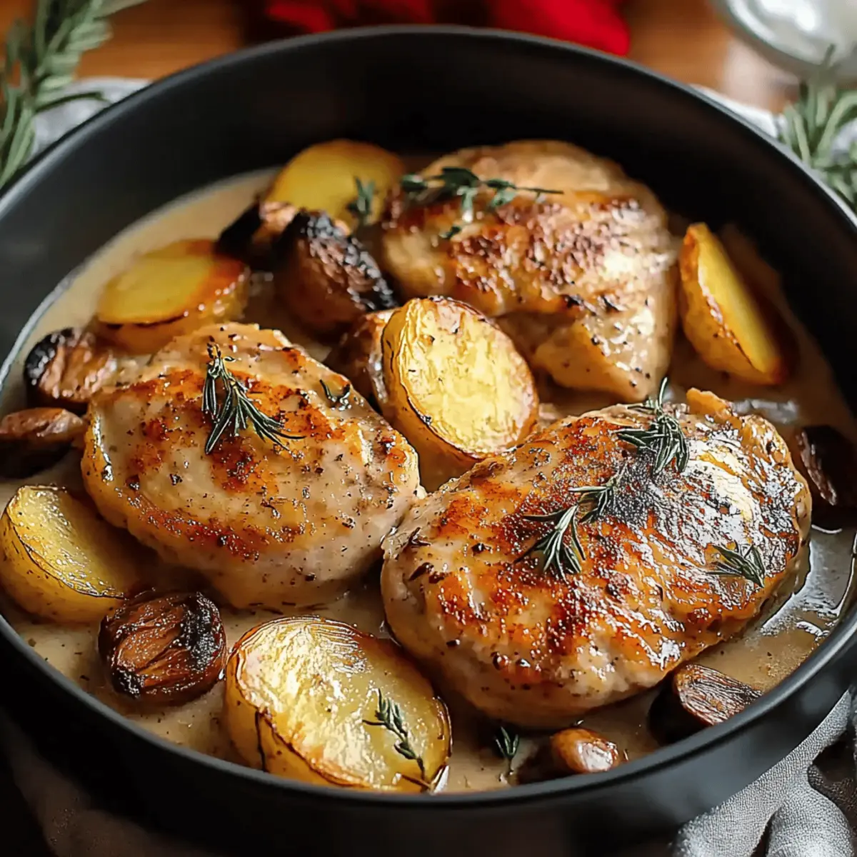 Herb Roasted Chicken in Creamy White Sauce with Mushroom and Potatoes