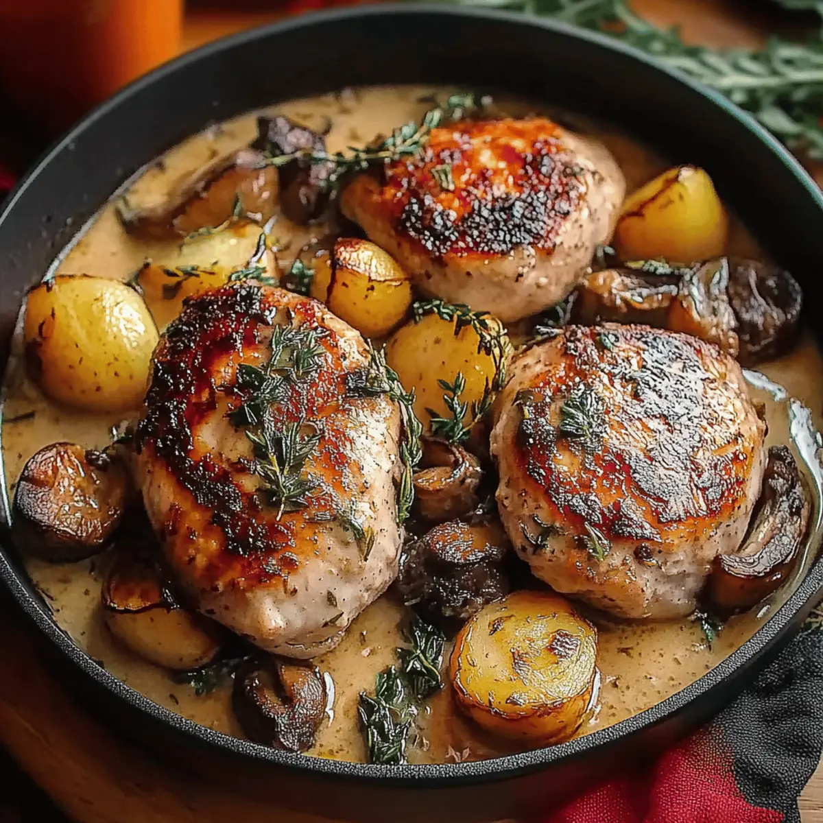 Herb Roasted Chicken in Creamy White Sauce with Mushroom and Potatoes