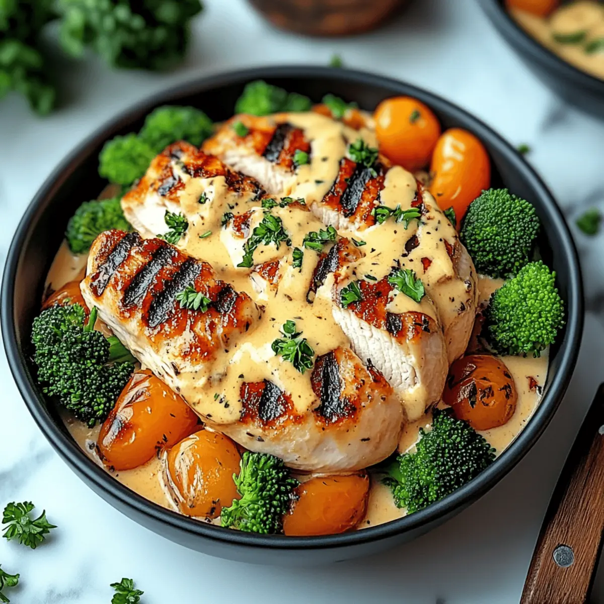 Grilled Chicken & Broccoli Bowls with Creamy Garlic Sauce