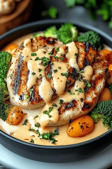 Grilled Chicken & Broccoli Bowls with Creamy Garlic Sauce