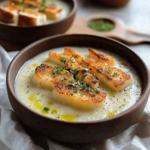 Roasted Garlic Potato Soup with Grilled Cheese Croutons