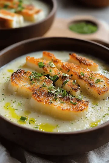 Roasted Garlic Potato Soup with Grilled Cheese Croutons