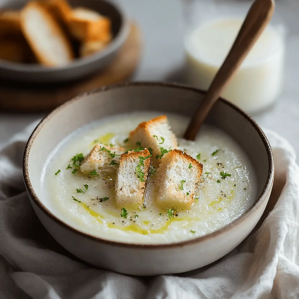 Roasted Garlic Potato Soup with Grilled Cheese Croutons