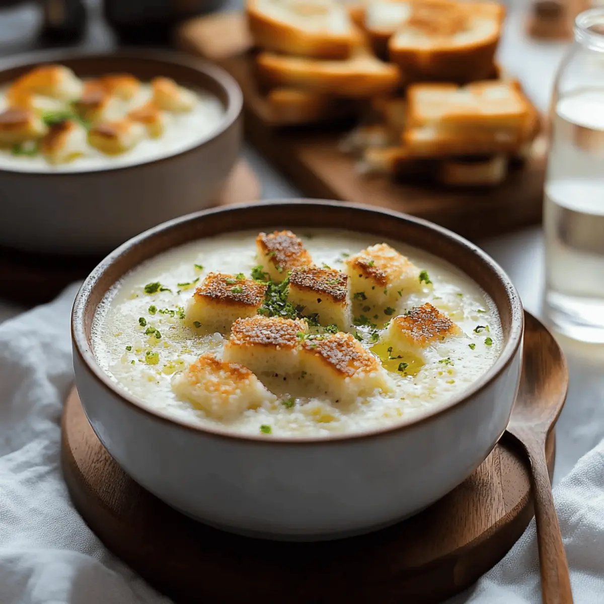 Roasted Garlic Potato Soup with Grilled Cheese Croutons
