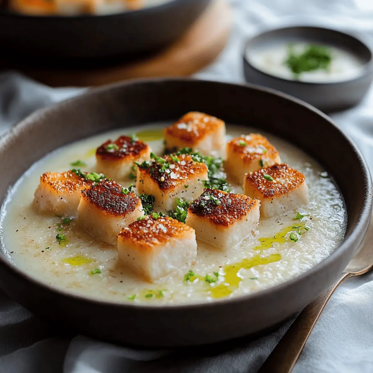 Roasted Garlic Potato Soup with Grilled Cheese Croutons