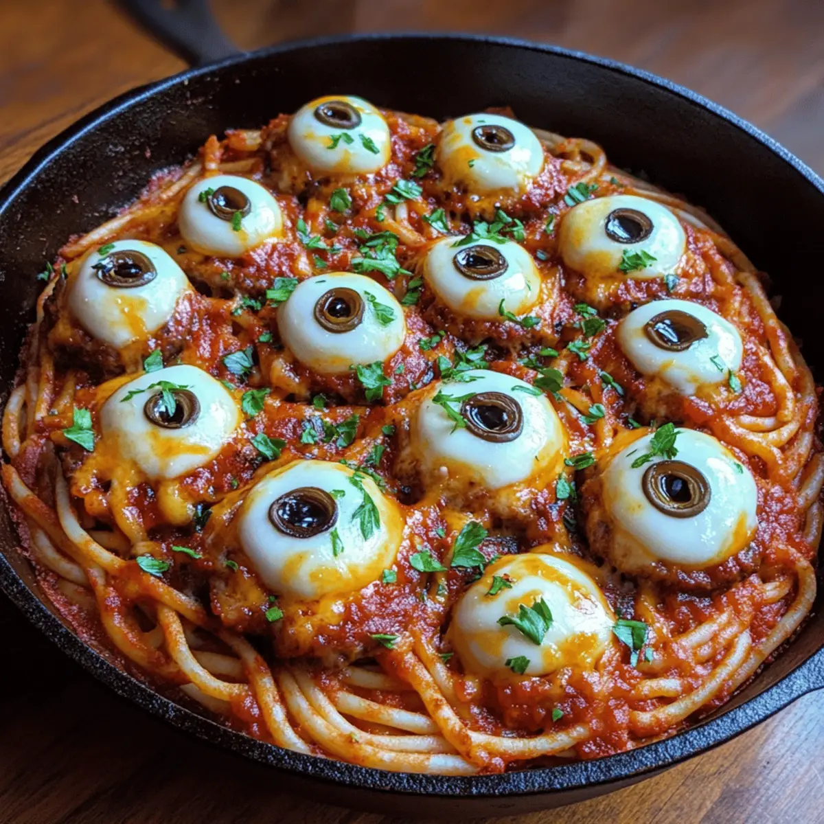 Bloody Spaghetti with Mozzarella Eyeballs