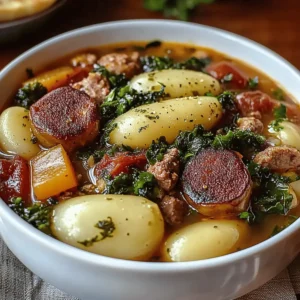 Hearty Sausage Soup with Potatoes, Beans, and Kale