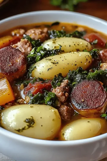 Hearty Sausage Soup with Potatoes, Beans, and Kale