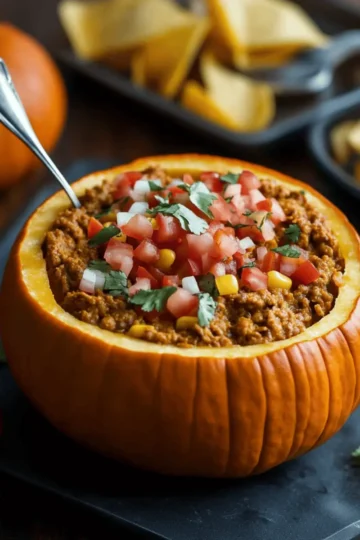 Pumpkin Taco Dip in a Hollowed Mini Pumpkin