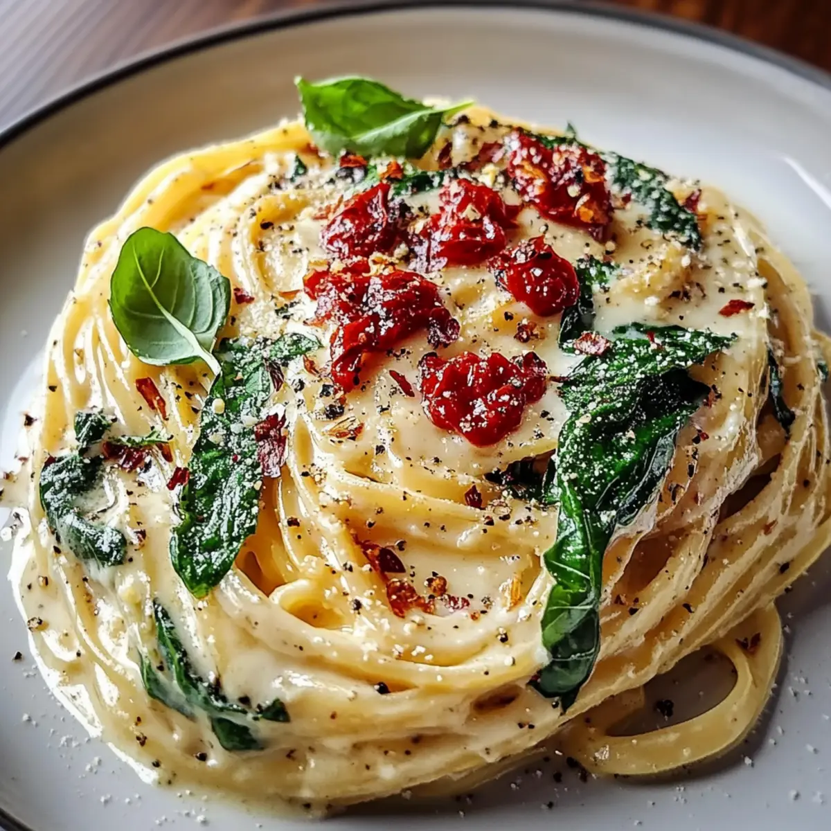 Spaghetti & Spinach with Sun-Dried Tomato Cream Sauce
