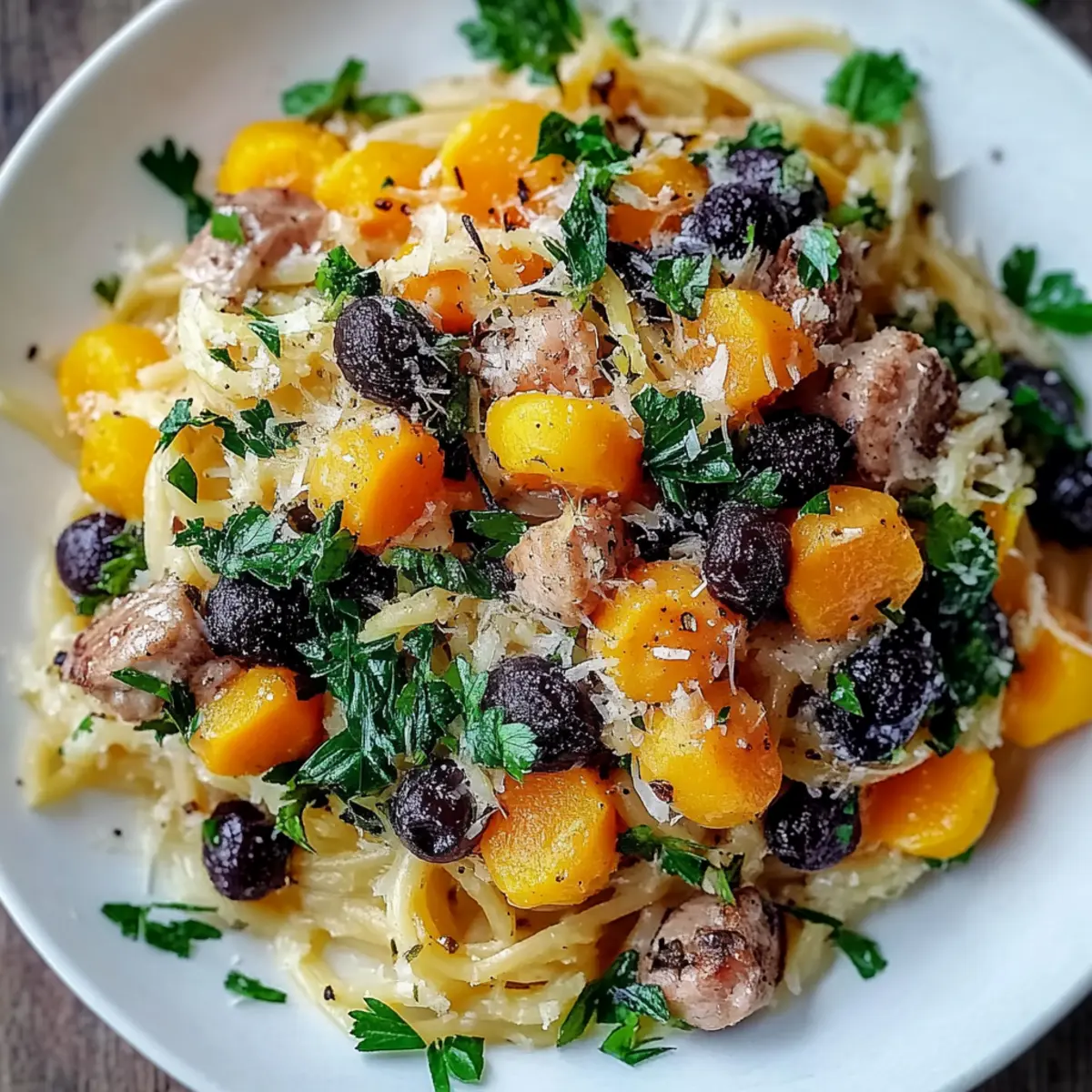 Butternut Squash and Black Bean Orzo with Sausage and Spinach