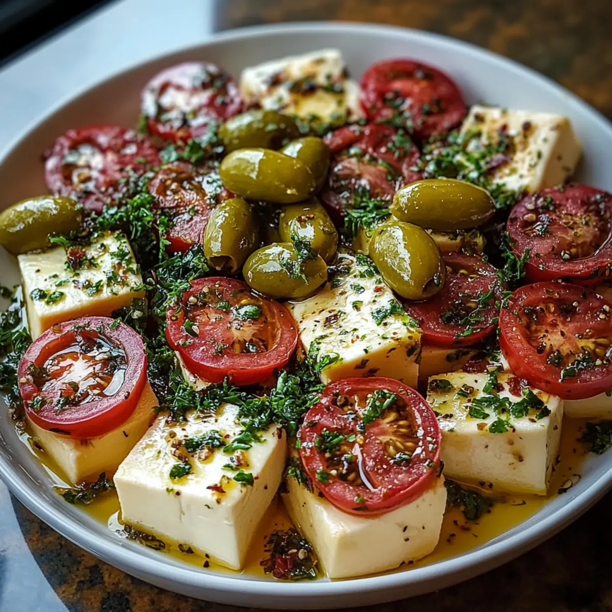 Marinated Cheese Appetizer with Salami & Green Olives