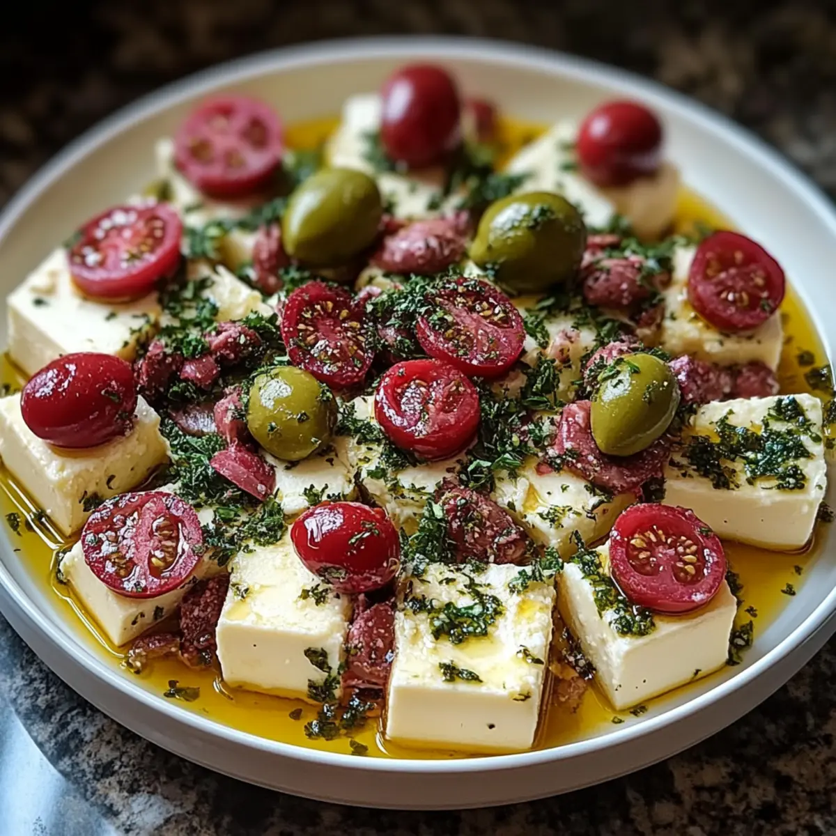 Marinated Cheese Appetizer with Salami & Green Olives