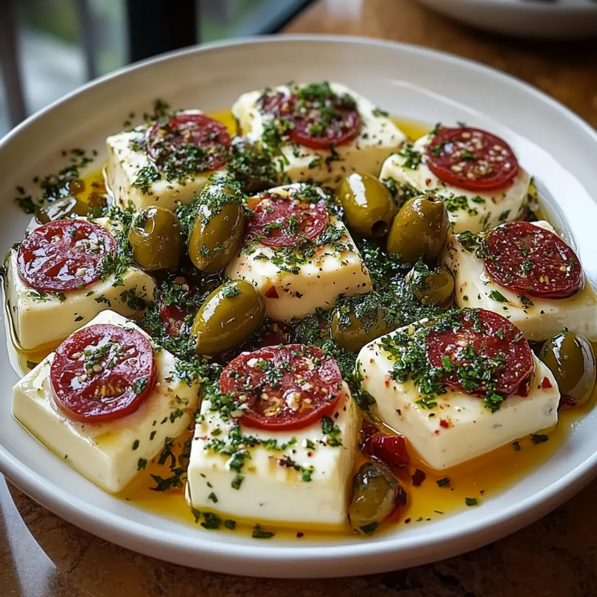 Marinated Cheese Appetizer with Salami & Green Olives