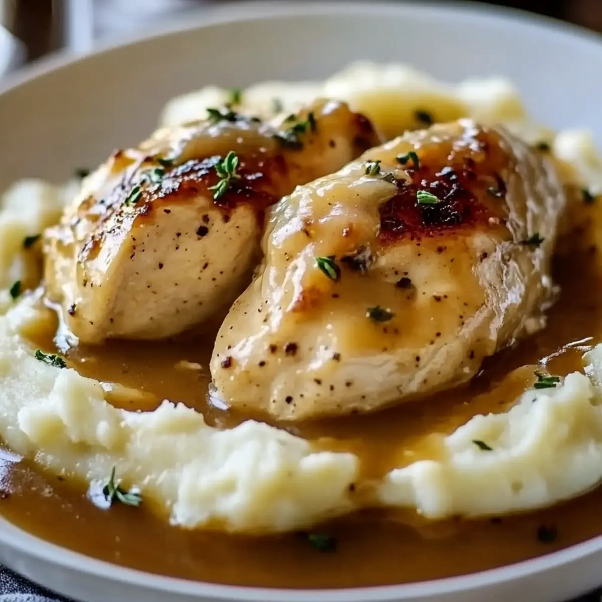 Chicken and Garlic Gravy with Cheesy Mashed Potatoes