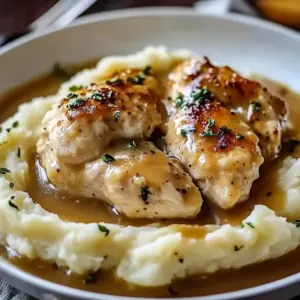 Chicken and Garlic Gravy with Cheesy Mashed Potatoes