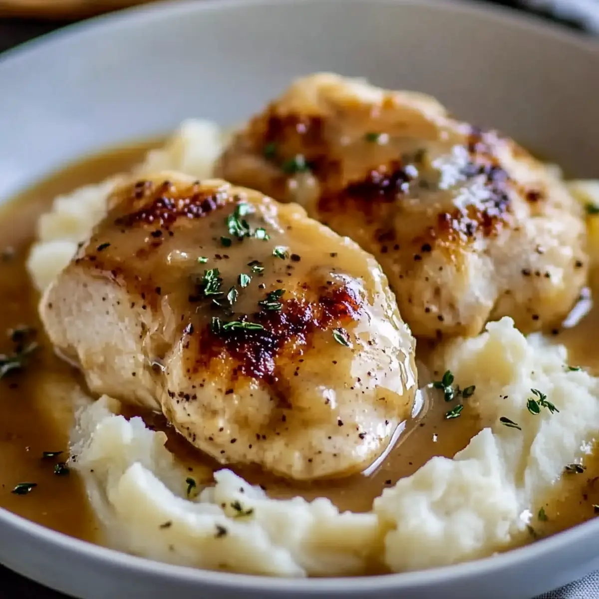 Chicken and Garlic Gravy with Cheesy Mashed Potatoes