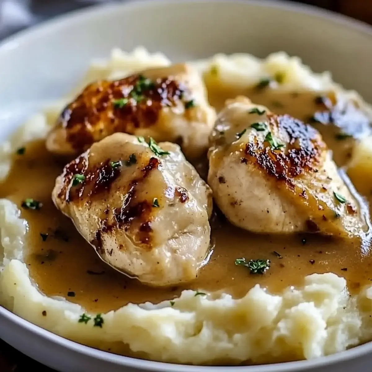 Chicken and Garlic Gravy with Cheesy Mashed Potatoes