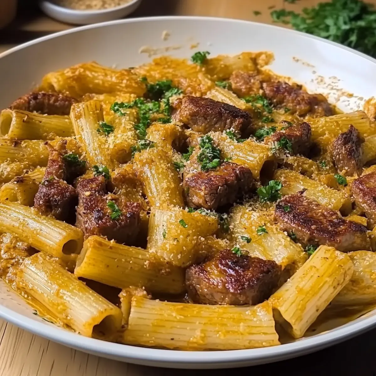 Garlic Butter Steak Rigatoni