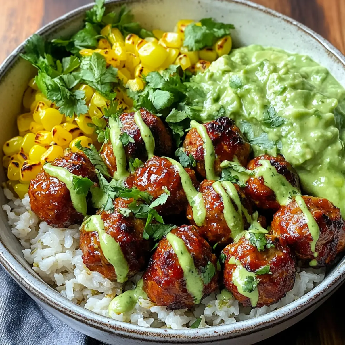 Barbecue Meatball Bowls with Avocado Goddess Sauce