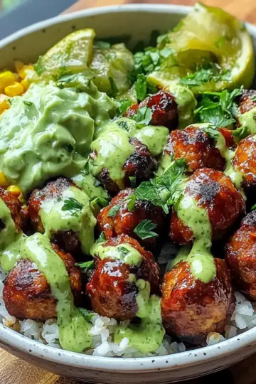 Barbecue Meatball Bowls with Avocado Goddess Sauce