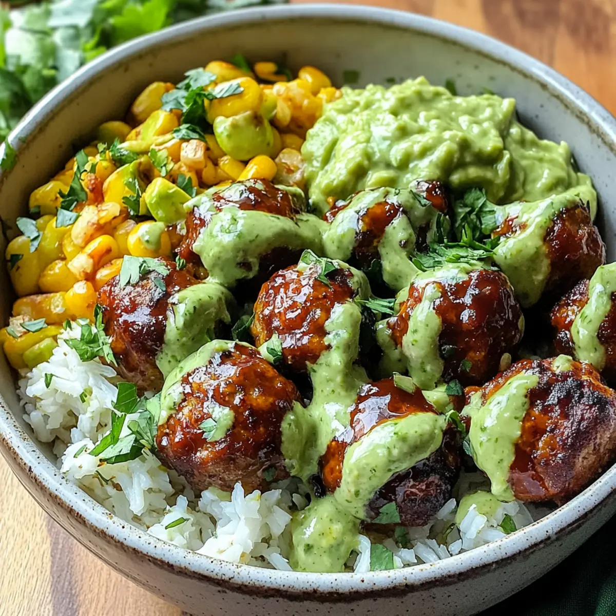 Barbecue Meatball Bowls with Avocado Goddess Sauce
