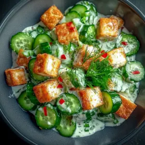 Creamy Asian Cucumber Salad with Crispy Tofu