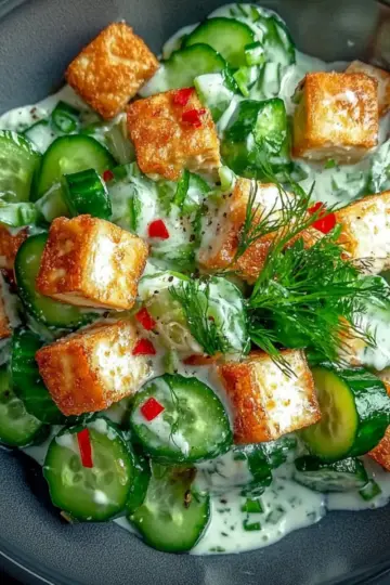Creamy Asian Cucumber Salad with Crispy Tofu
