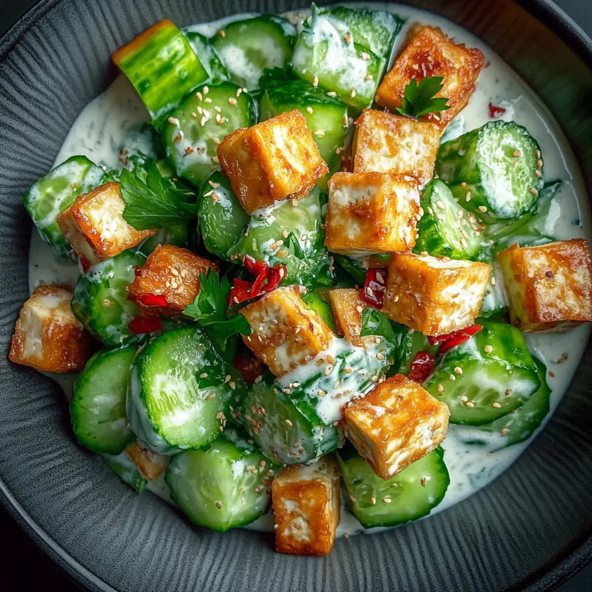 Creamy Asian Cucumber Salad with Crispy Tofu