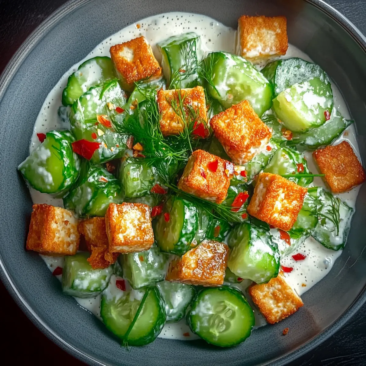 Creamy Asian Cucumber Salad with Crispy Tofu