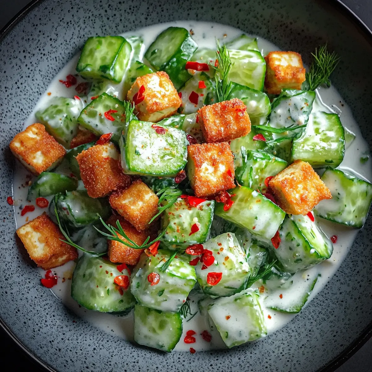 Creamy Asian Cucumber Salad with Crispy Tofu