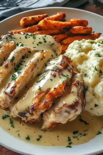Creamy Herb Chicken with Mashed Potatoes and Glazed Carrots